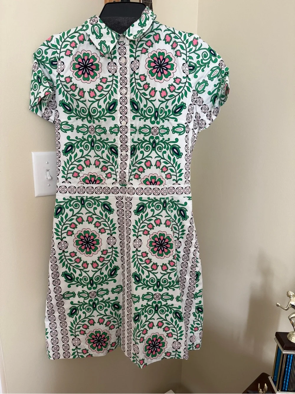 Tory Burch Floral Tile Print Short Sleeve Dress - White & Green